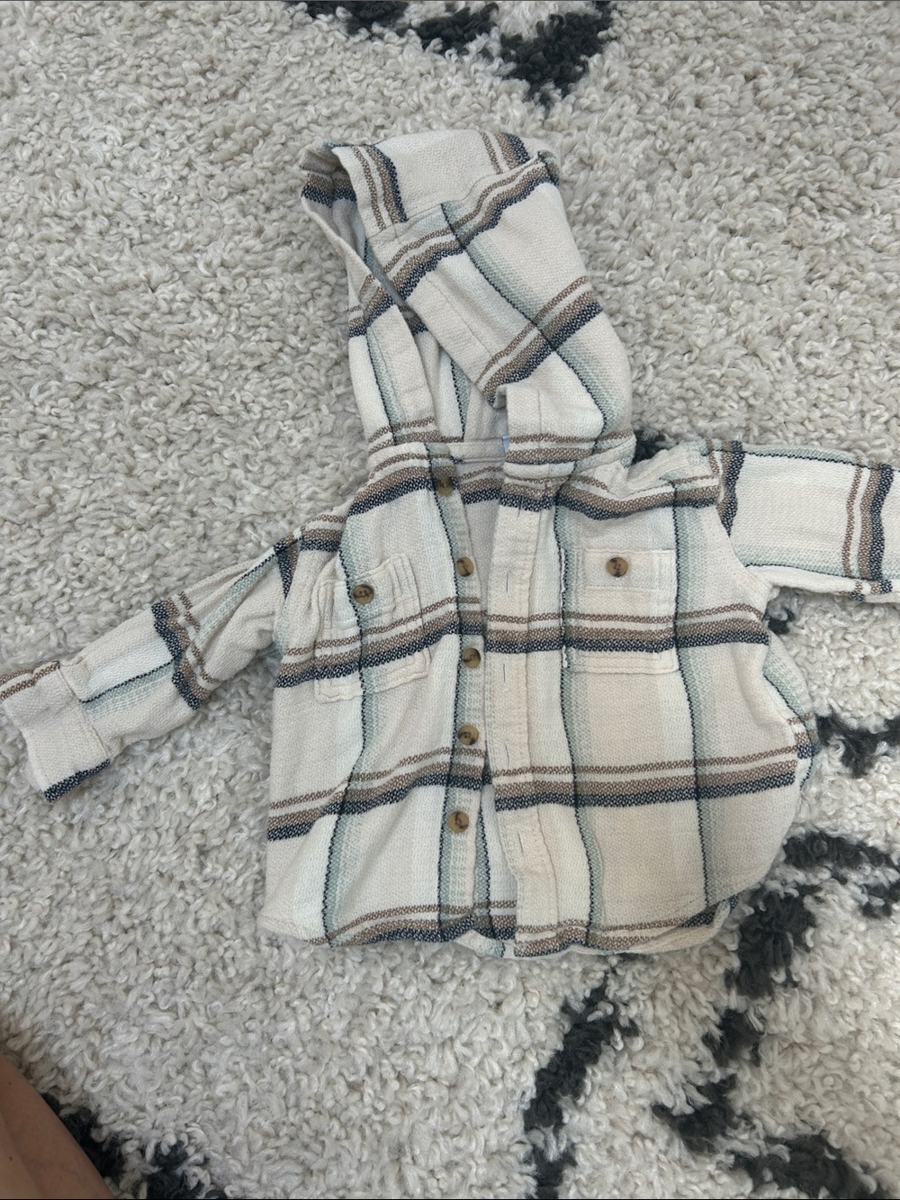 Kids Hooded Button-Up Plaid Shirt Jacket - Cream Plaid